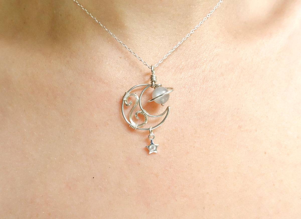 Saturn Moon & Star with Moonstone in Silver